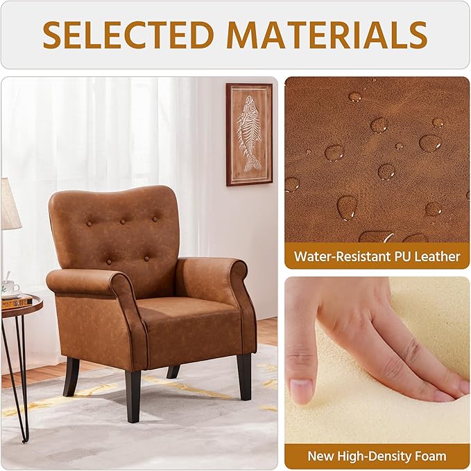 Yaheetech Modern Armchair, Mid Century PU Leather Accent Chair with Sturdy Wood Legs and High Back for Small Space, Upholstered Sofa Club Chair for Living Room/Bedroom/Office, Retro Brown