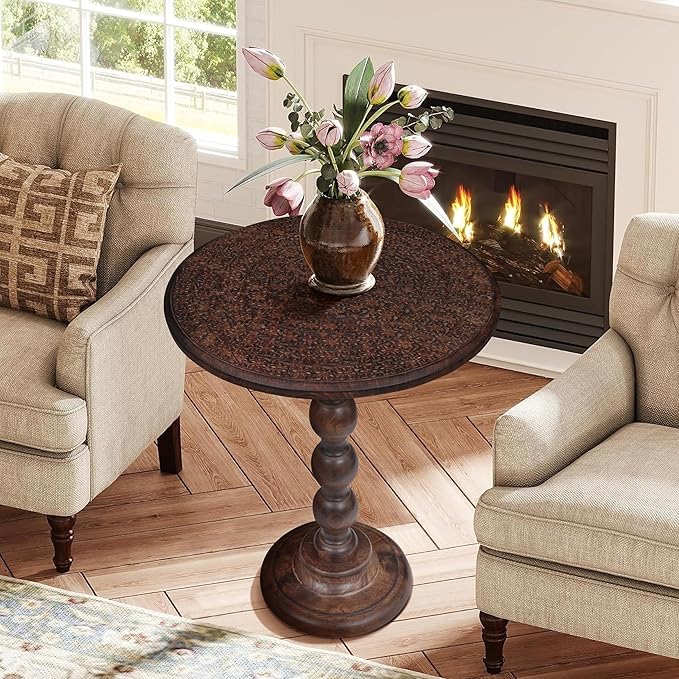 Side Tables Round – Small Drink Table for Small Spaces, Modern Accent Nightstand with Hand-Carved Top & Solid Wood Tables for Living Room, Bedroom, Office – Scorch Burnt Finish_18x22 Scorch Burnt