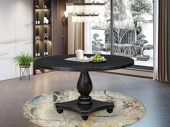 I52-11-TP Wooden Breakfast Table with Acacia Wood Round Tabletop and Stylish Pedestal Base - Sand Blasted Black Finish