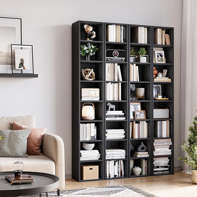 Bamjoy 71 Inches Tall Narrow Bookcase, 8-Tier Slim CD DVD Media Tower Rack, Corner Bookshelf with Adjustable Shelves, Cube Skinny Bookshelf for Home Office Small Space, Black