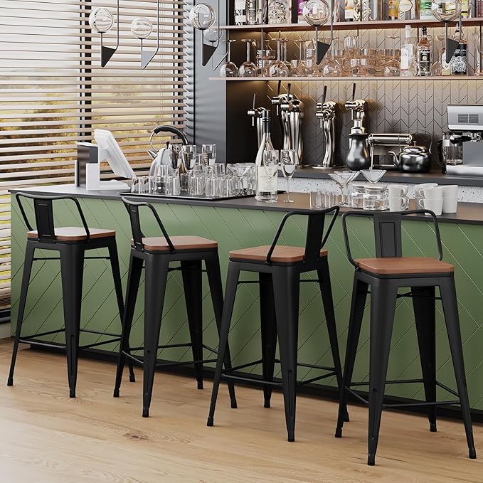 Yongchuang 24" Metal Barstools Set of 2 Counter Bar Stools with Wood Top Low Back Matte Black