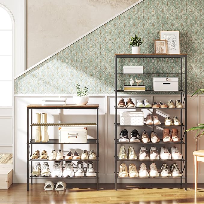5-Tier Shoe Rack, Shoe Storage for Entryway and Closet, Free Standing Shoe Organizer with Metal Mesh Shelves, 16-20 Pairs of Shoes, Rustic Brown and Black SS05BR