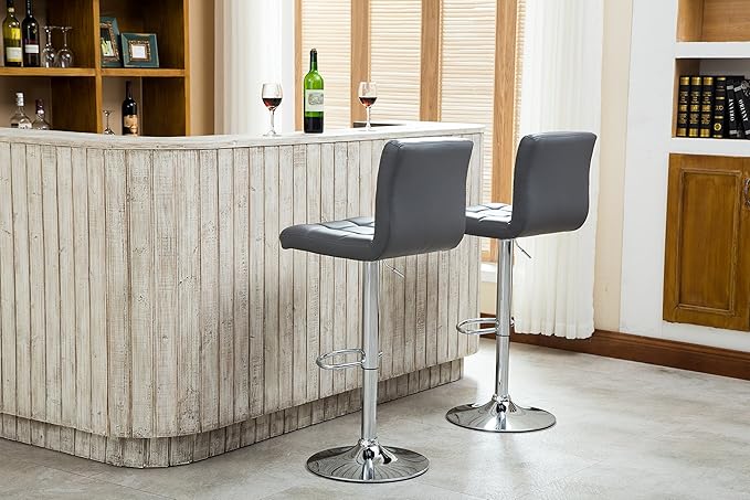 Roundhill Furniture Swivel Leather Adjustable Hydraulic Bar Stool, Set of 2, Gray