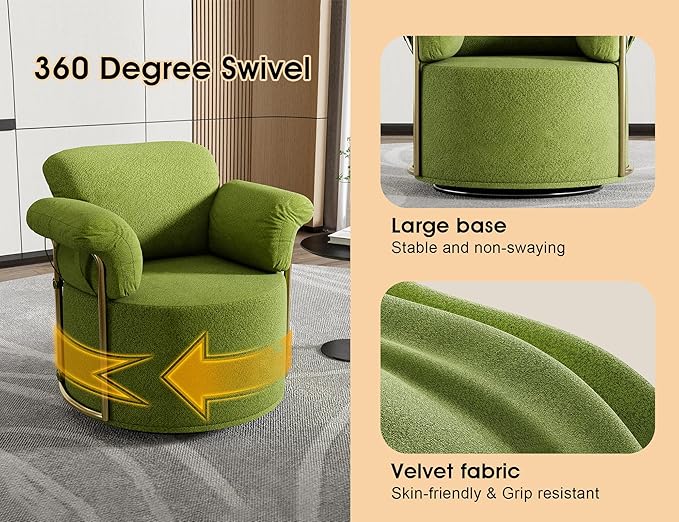 KEIKI Modern Comfy Swivel Accent Reading Chair, 360°Round Upholstered Barrel Armchair Single Club Lounge Sofa Chairs for Living Room,Bedroom, Office,Green