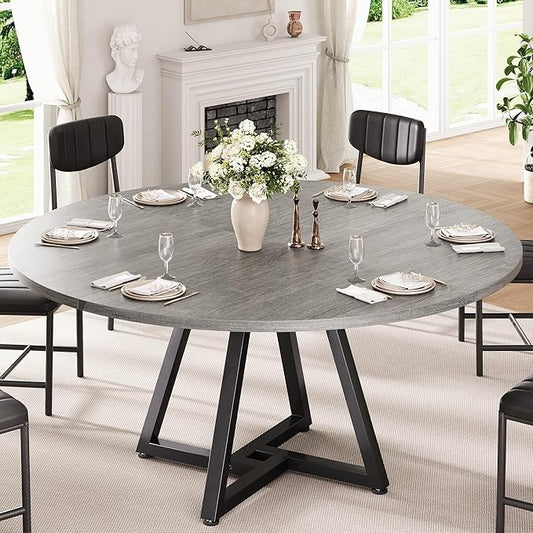 51“ Round Kitchen Dining Room Table for 6-8, Circle Dining Dinner Table with Pedestal Metal Frame, Space Saving Wood Industrial Furniture for Small Space (Grey, 51In)