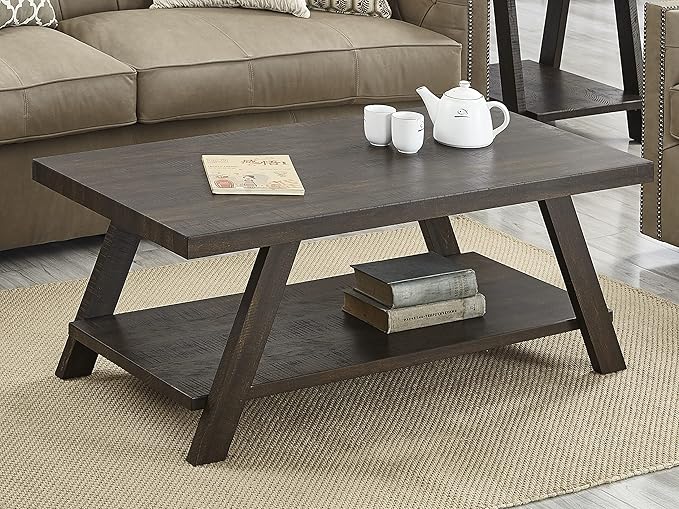 Roundhill Furniture Athens Contemporary Wood Shelf Coffee Table, Weathered Espresso