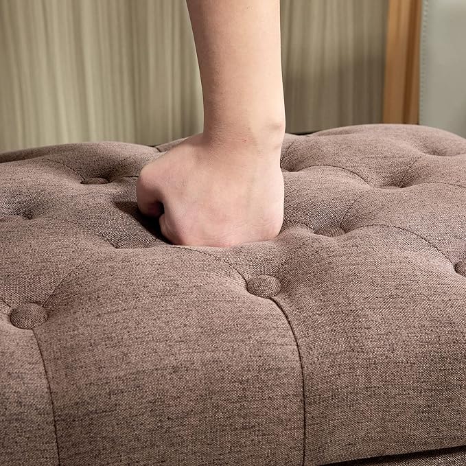 HOMCOM Ottoman with Storage for Living Room, 25" Storage Ottoman with Removable Lid, Button-Tufted Fabric Bench for Footrest and Seat with Wood Legs, Coffee