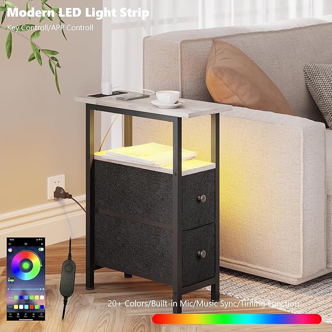 End Table Set 2 with Charging Station, Narrow Side Table with 2 Fabric Drawers, Skinny Nightstand with LED Light, Slim Bedside Table for Bedroom, Living Room, Small Spaces, Greige and Black