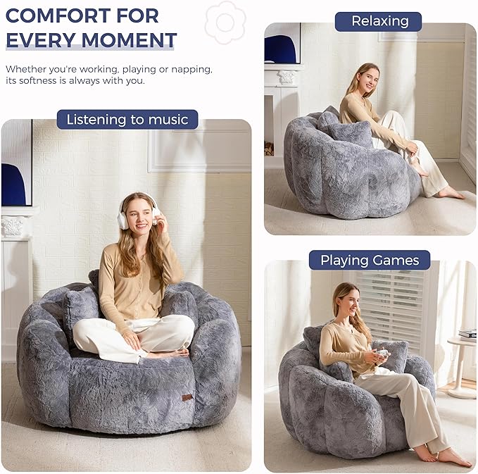 MAXYOYO Bean Bag Chair with 3 Pillows, Oversized Floral Shaped Bean Bag Sofa for Adults, Ultra Soft Faux Fur Floor Sofa, Large Stuffed Reading Chair for Living Room Bedroom, Grey