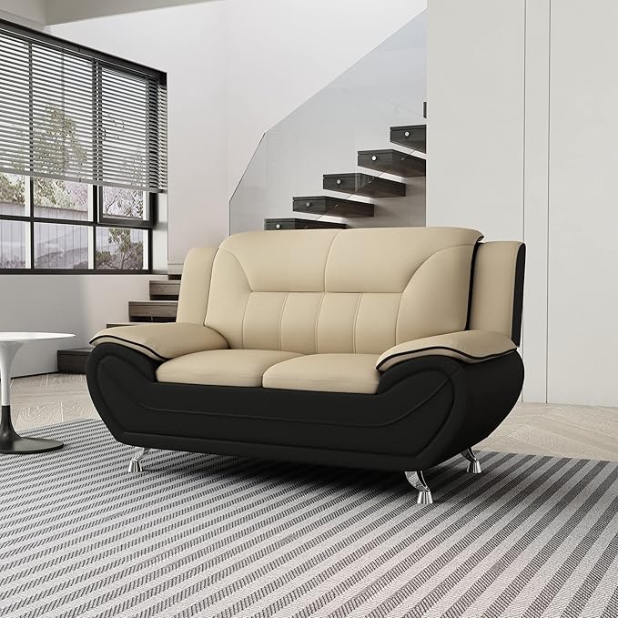 Container Furniture Direct Michael Modern Faux Leather Upholstered Stainless Steel Legs Living Room Loveseat, Black Camel