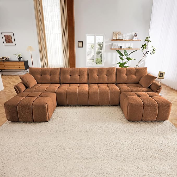Modern Chenille Fabric 4-Seat Sofa w/Two Ottoman+2 Pillows, Premium Upholstery Living Room Couch with Tufted Backrest & Comfortable Armrests and High-Resilience Memory Foam Cushions,Orange
