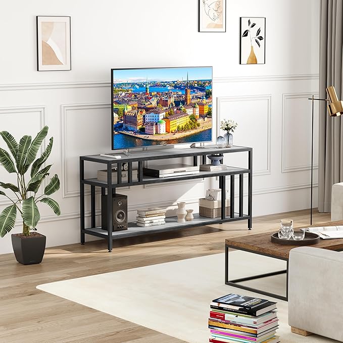 Garvee 58" TV Stand for Television up to 65 Inch, Entertainment Center with 3-Tier Open Shelves, TV Media Console Table Quadruple-Tube Support for Living Room, Entryway, Grey