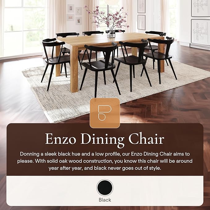 POLY & BARK Mid Century Modern Enzo Black Dining Chair – Solid Oak Wood Splat Back Chair, 18" Seat Height, 32" Tall – Stylish MCM Kitchen & Dining Room Chair - Set of 2