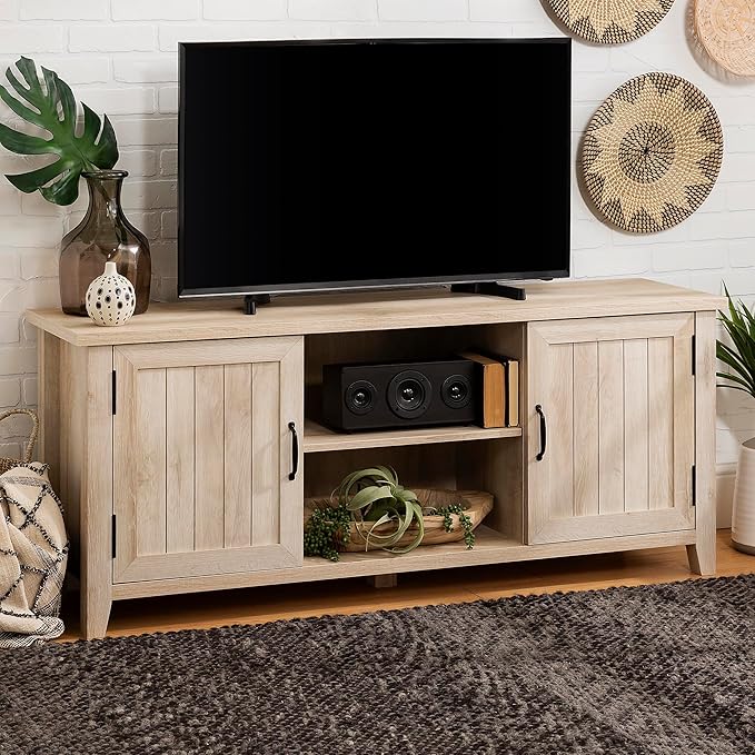 Walker Edison Buren Classic Grooved Door TV Stand for TVs up to 65 Inches, 58 Inch, White Oak