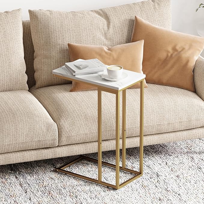Yusong C Shaped End Table, Couch Side Table That Slide Under Sofa Bed, Small Table for Small Spaces, Skinny Overbed Table for Coffee Drink Snack, Living Room, Gold and White Marbled Wooden Top