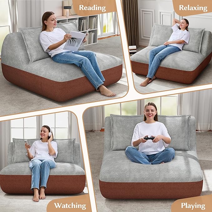 Hobestluk Small Sofa Couch Lounge Sofa Chair for Living Room, Comfy Memory Foam Couch, Mini Sofa with Side Pocket for Living Room, Bedroom (Terracotta+Light Grey)