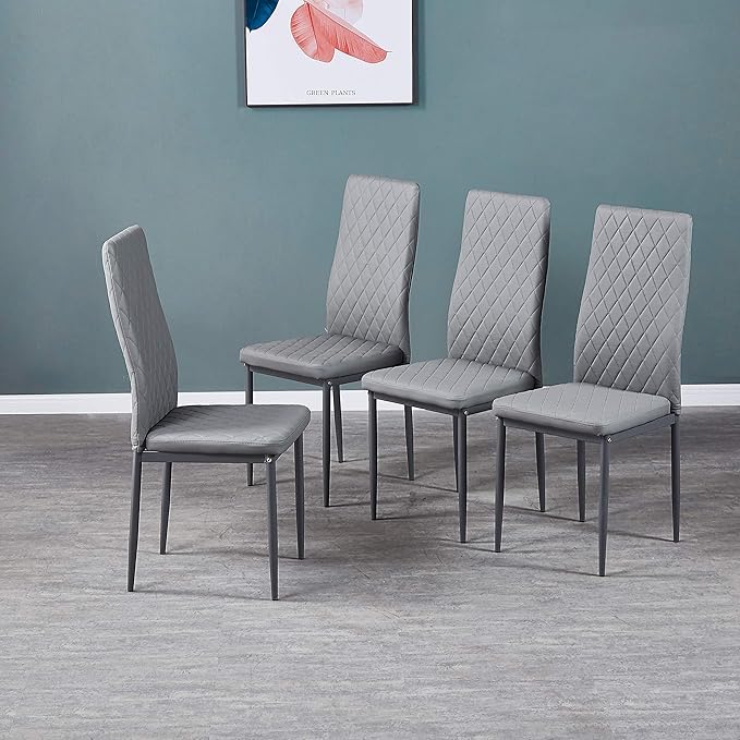 JT Modern Minimalist Dining Chair Fireproof Leather Sprayed Metal Pipe Diamond Grid Pattern Restaurant Home Conference Chair Set of 4 Or 6 (4, Light Gray)