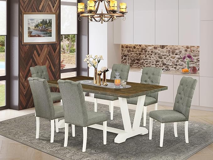 East West Furniture V077EL207-7 7 Piece Kitchen Table Set Consist of a Rectangle Dining Table with V-Legs and 6 Gray Linen Fabric Parson Dining Room Chairs, 40x72 Inch, Multi-Color