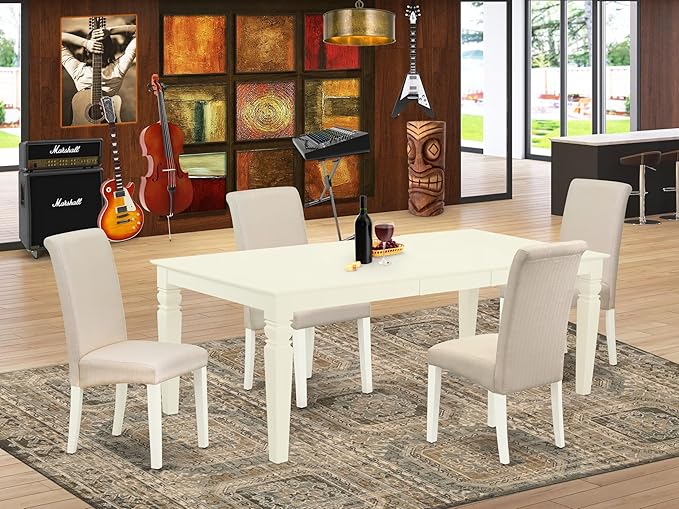 East West Furniture LGBA5-LWH-01 5 Piece Dinette Set Includes a Rectangle Dining Table with Butterfly Leaf and 4 Cream Linen Fabric Parson Dining Room Chairs, 42x84 Inch, Linen White