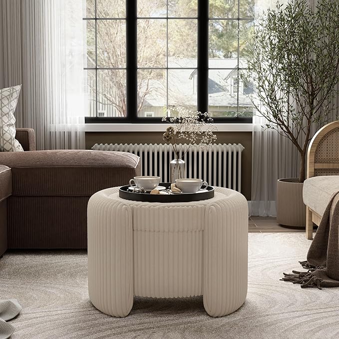 Furniture of America Lennox Modern Chenille 25-inch Round Storage Ottoman with Reversible Flip Top, Upholstered Footstool for Living Room, Bedroom, Entryway, Beige Pink