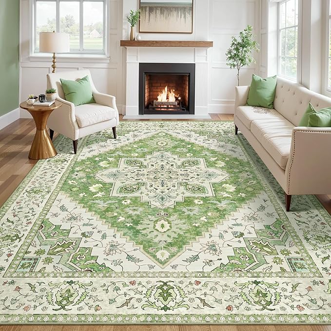 Tangsoo 5x7 Area Rug Washable Rug for Living Room, Vintage Indoor Non Slip Large Area Rugs, Print Distressed Green Carpet, Soft Low Pile Foldable Floor for Bedroom Dining Room Dorm