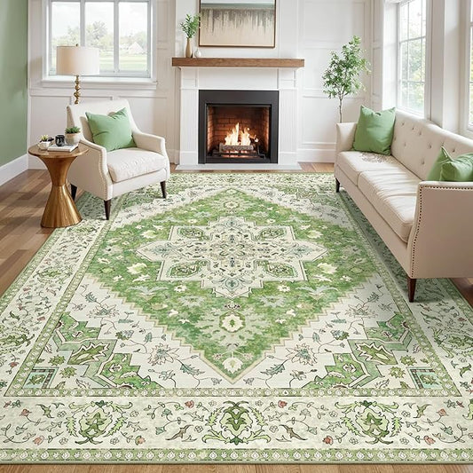 Tangsoo 5x7 Area Rug Washable Rug for Living Room, Vintage Indoor Non Slip Large Area Rugs, Print Distressed Green Carpet, Soft Low Pile Foldable Floor for Bedroom Dining Room Dorm