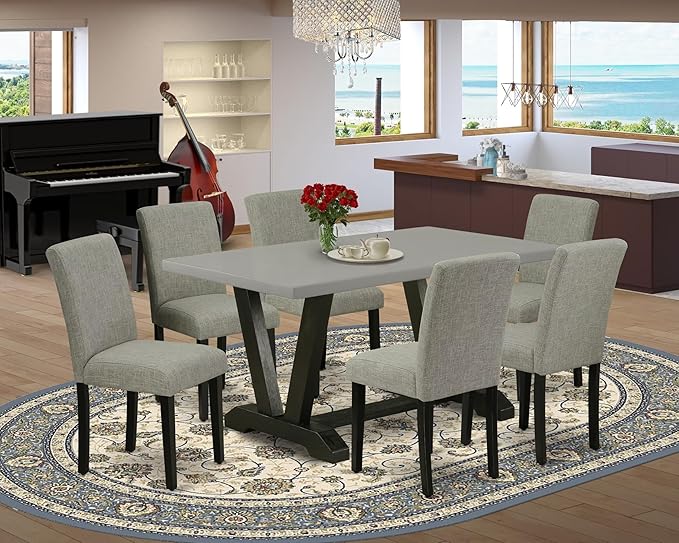 East West Furniture V696AB106-7 7 Piece Dining Set Consist of a Rectangle Dining Room Table with V-Legs and 6 Shitake Linen Fabric Upholstered Chairs, 36x60 Inch, Multi-Color