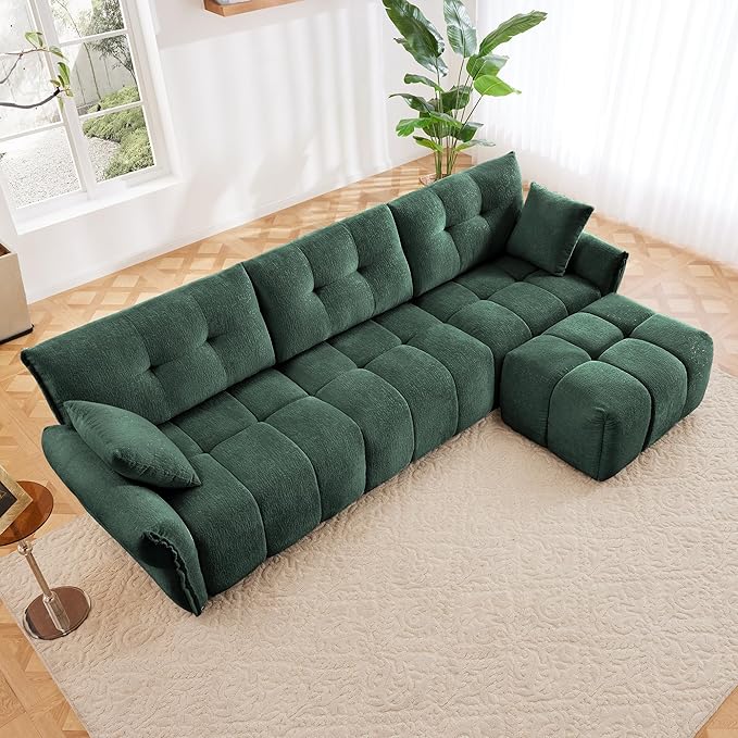 Modern Chenille Fabric 3-Seat Sofa w/Ottoman+2 Pillows, Premium Upholstery Living Room Couch with Tufted Backrest & Comfortable Armrests and High-Resilience Memory Foam Cushions,Green
