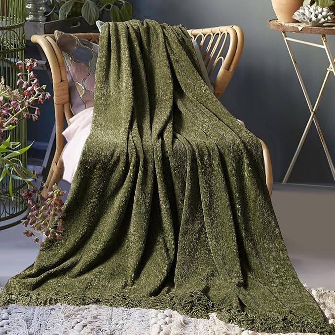 Chenille Throw Blanket for Couch 50"X 60", Soft Cozy Throws with Fringe Tassel for Bed Sofa Chair Cover, Lightweight Knitted Decorative Boho Blankets for Living Room, Olive Green