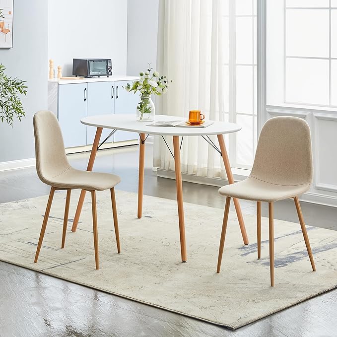 FurnitureR Dining Chairs Set of 4, Upholstered Fabric Armless Dining Room Seating, Side Chair Mid-Back with Metal Legs for Kitchen Living Room Bedroom, Light Beige