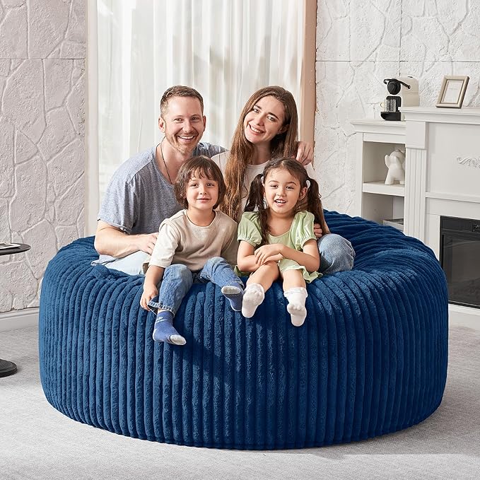 HABUTWAY 5FT Bean Bag Chair, 5' Large Bean Bag Chairs for Adults with Removable Stripe Plush Cover, Memory Foam Beanbag Chair for Living Room Bedroom Dorm (Blue)