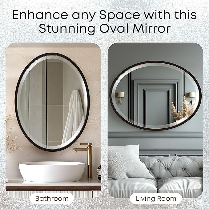 OVALCREST - Oval Wooden Beveled Wall Mirror for Home Decor, Bathroom, Vanity, Bedroom, Living Room, Hallway - London Style (Rubbed Black) 25.1 x 37.1