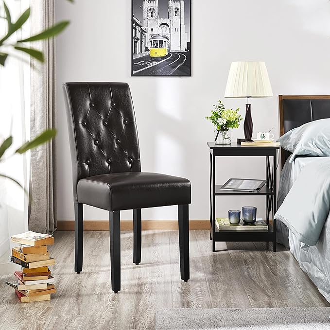 Yaheetech Dining Chairs Set of 2 Modern Style Faux Leather Dining Room Chairs with Solid Wood Legs and Button Tufted Padded for Home Kitchen, Brown