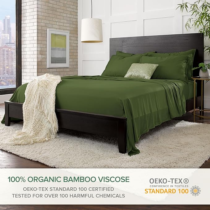 Twin Sheets by Pure Bamboo, Genuine 100% Organic Viscose Derived from Bamboo Bed Sheet Set, Luxuriously Soft & Cooling, Double Stitching, Lifetime Quality Promise (Twin, Pesto)