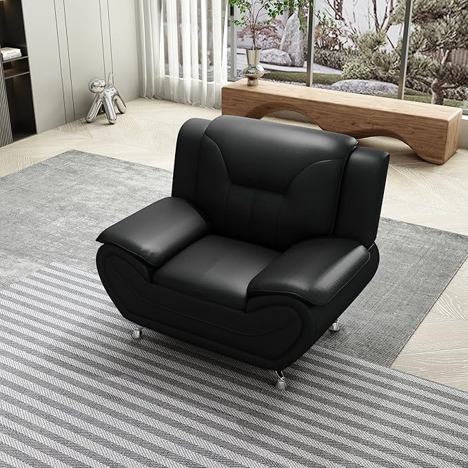 Container Furniture Direct Michael Modern Faux Leather Upholstered Stainless Steel Legs Living Room Sofa, Chair, Black