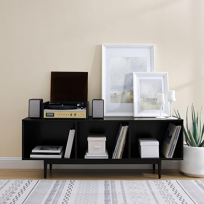 Crosley Furniture Liam Large Vinyl Record Storage TV Stand and Entertainment Center, Media Console, Black
