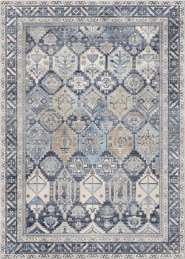 GENIMO 2x3 Area Rugs for Living Room, Machine Washable Non Slip Vintage Rugs, Low Pile Lightweight Chenille Print Rug for Bedroom, Dining Room, Home Office, Brown Blue