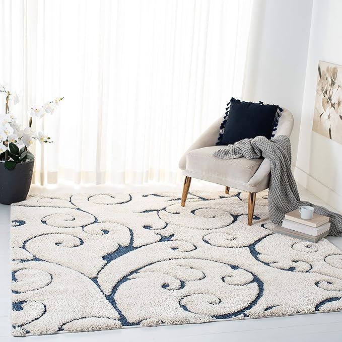 SAFAVIEH Florida Shag Collection Area Rug - 6'7" Square, Cream & Blue, Scroll Design, Non-Shedding & Easy Care, 1.2-inch Thick Ideal for High Traffic Areas in Living Room, Bedroom (SG455-1165)