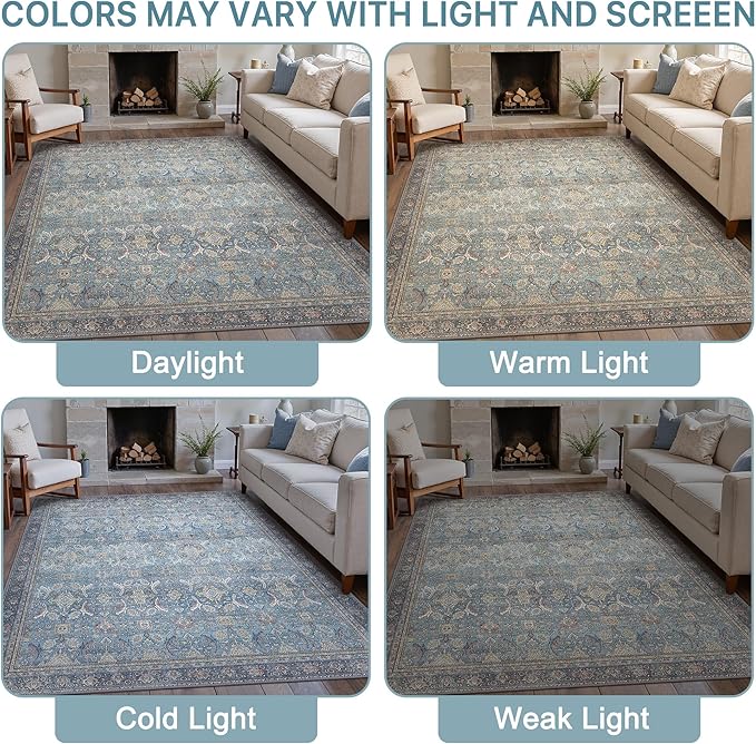 8X10 Area Rugs Machine Washable Rugs for Living Room, Vintage Boho Large Rugs for Bedroom Dining Room, Non Slip Indoor Soft Distressed Lightweight Thin Low Pile Carpet, Vintage Blue