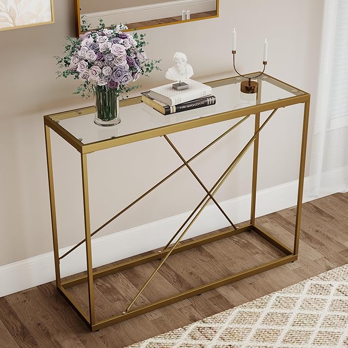 OIOG Glass Console Table for Entryway, Modern Sofa Table with Temperes Glass Tabletop and Golden Frame, Gold Entryway Table for Living Room, Foyer, Dining Room, Home Office