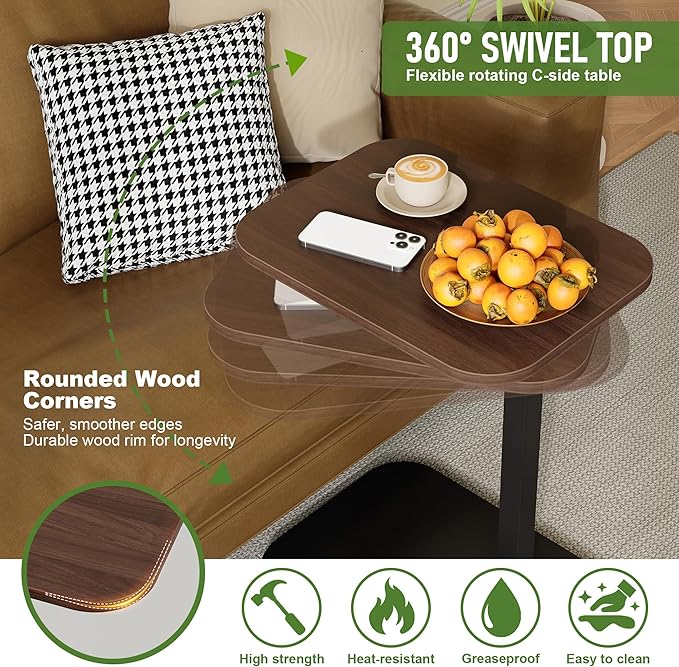 C Shaped End Table for Couch, Adjustable Height Couch Side Table, Horizontal 360°Swivel Small TV Tray Table Couch Side Tables That Slide Under (Walnut)