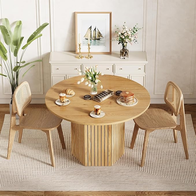 LITTLE TREE Round Wood Dining Table, 47-Inch Small Dining Table for 4, Modern Circle Kitchen Table with Wood Strip Base for Kitchen Living Room, Walnut