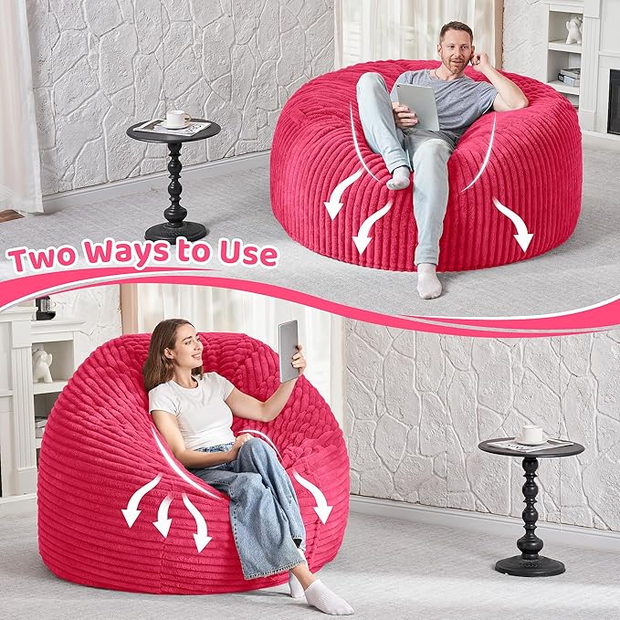 HABUTWAY 5FT Bean Bag Chair, 5' Large Bean Bag Chairs for Adults with Removable Stripe Plush Cover, Memory Foam Beanbag Chair for Living Room Bedroom Dorm (Pink)