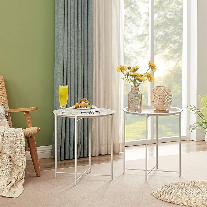 VECELO Side/End Table, Folding Round Metal Anti-Rust and Waterproof Outdoor or Indoor Tray for Living Room Bedroom Balcony and Office, 2 PCS, Beige