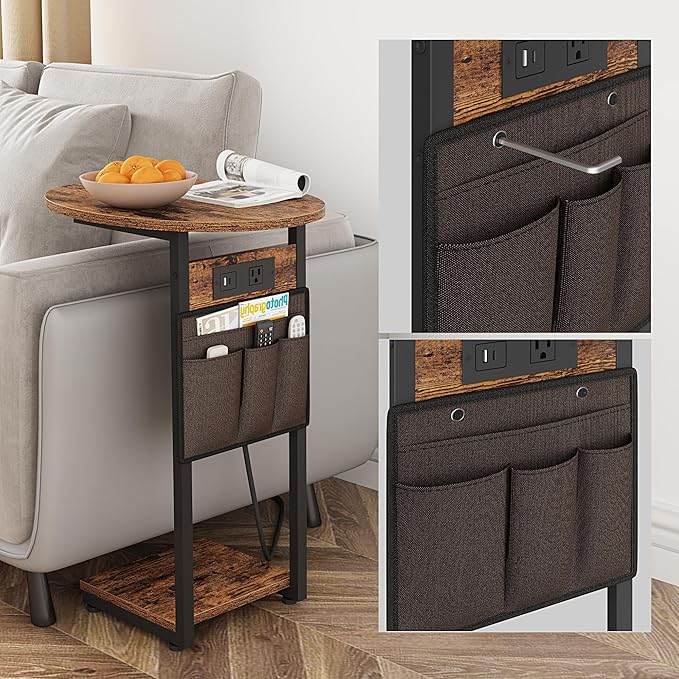 Vagusicc C Shaped End Table with Charging Station, Small Side Table for Couch, TV Tray Table Slide Under Sofa Table for Living Room Bedroom, Round Couch Side Table C Table for Sofa, Rustic Brown