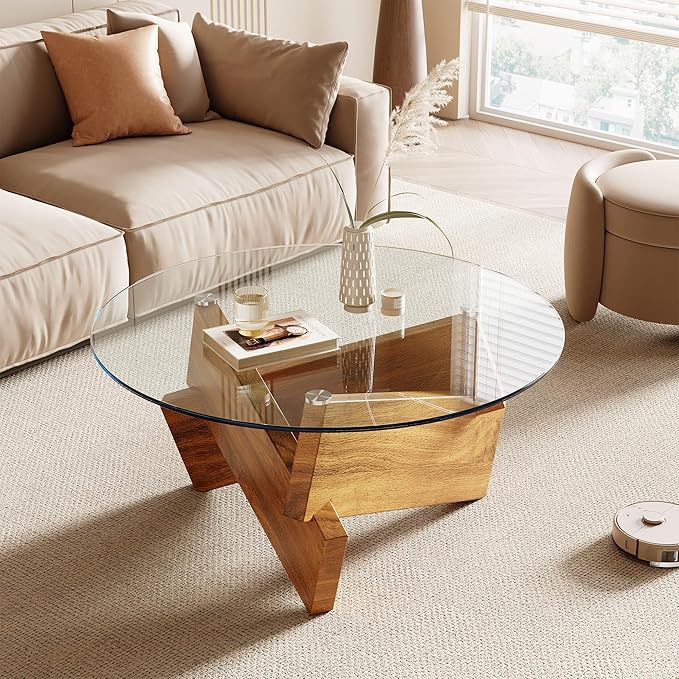 Honyee Morden Rounded Coffee Table, 30.7" x 30.7" x 16.1" Tempered Glass Top for Living Room, Color: Natural Wood