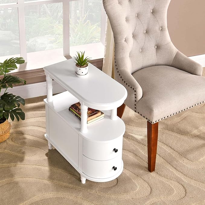 Wood End Table with 2 Drawers and Storage Shelf, Narrow Sofa Side Table for Living Room, Vintage Slim Nightstand Bedside Table for Bedroom, Slim Chair Side Table White BGA508WT