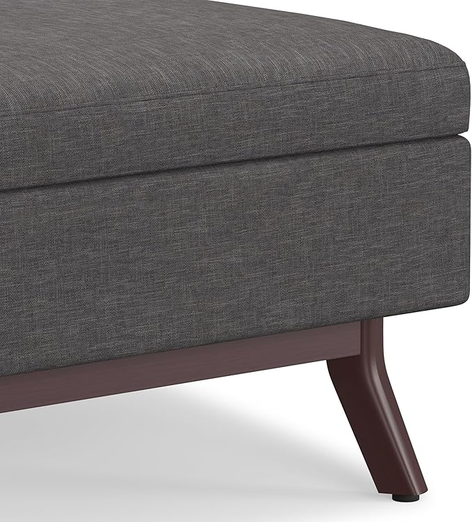 SIMPLIHOME Owen 34 inch Wide Mid Century Modern Rectangle Coffee Table Storage Ottoman in Slate Grey Linen Look Fabric, Assembled, For the Living Room, Entryway and Family Room