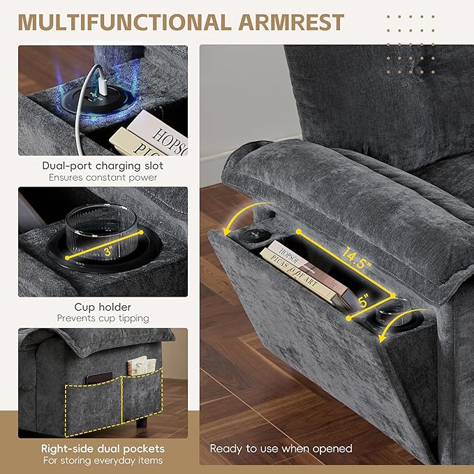 Mreax L-Shape Sectional Sofa with Movable Storage Ottoman and Multifunctional Armrest, 4 Seater Oversized Chenille Upholstered Cloud Couch for Living Room, Apartment, Unique Tufted Design, Dark Gray