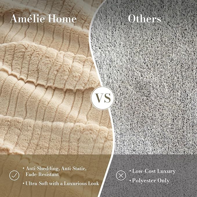 Amélie Home Luxury Striped Faux Fur Throw Blanket for Couch, Embossed Split Fur Cozy Fuzzy Fluffy Luxurious Soft Plush Sofa Chair Bed Gift Blankets for Women Men Wife Friend, 55"x70", Beige